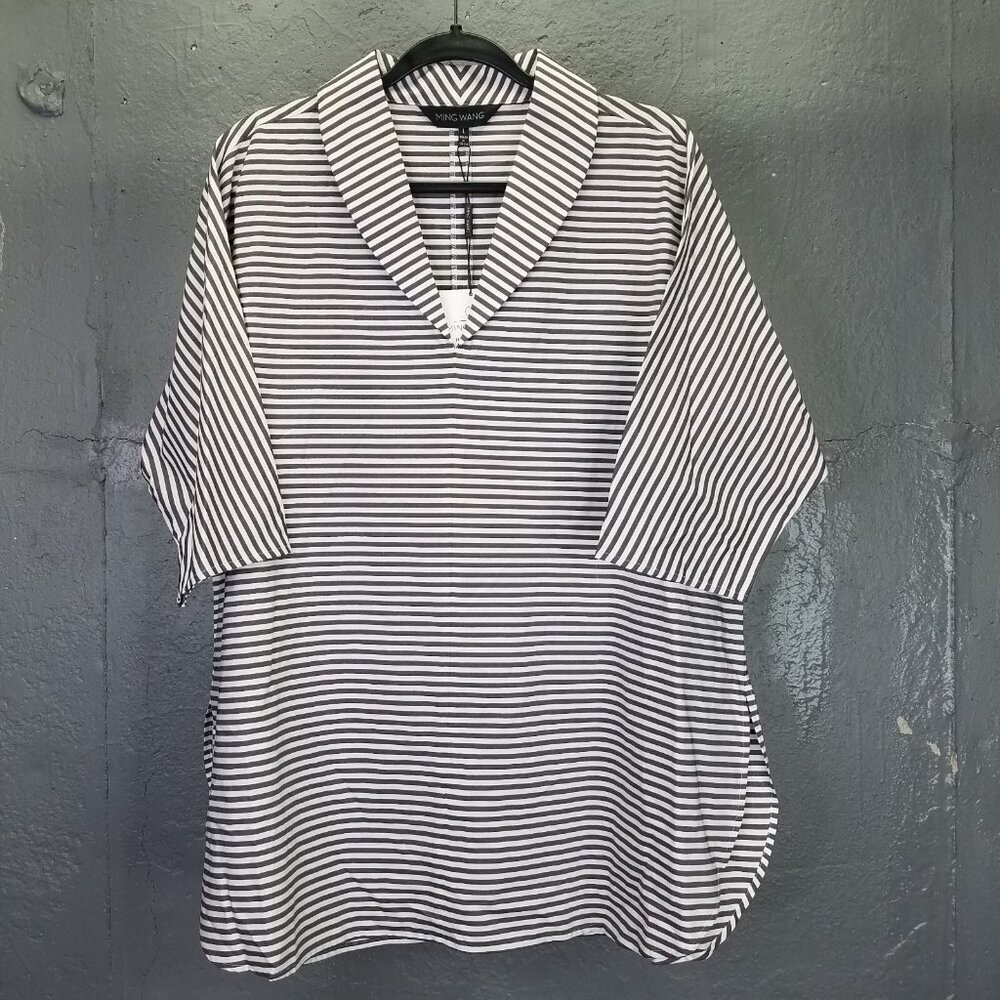 Ming Wang Heritage Fit Blouse Women's L Poplin Shawl Collar Stripe Lagenlook NEW